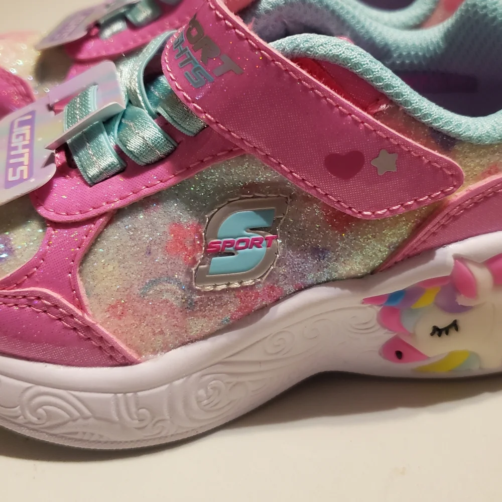 Skechers Kids Pink Glitter Light-Up Sneakers with Teal Accents - Picture 3 of 7
